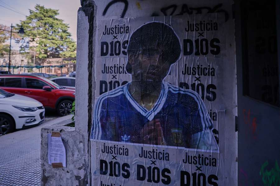 A photo of Diego Maradona is seen as family members testify in the ongoing trial