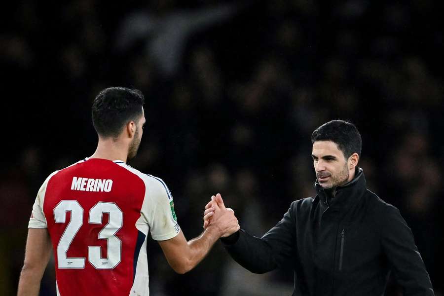Mikel Merino and Mikel Arteta celebrate after a match. Mikel Merino and Mikel Arteta celebrate after a match.