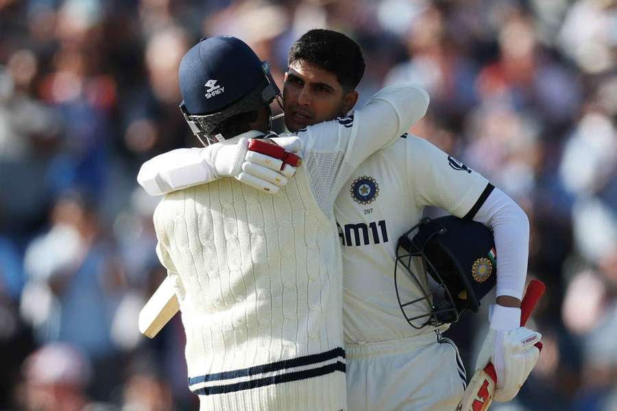 Shubman Gill celebrates with Ravindra Jadeja after reaching his century