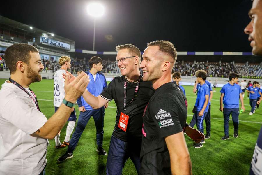 Valdas Dambrauskas celebrates Sabah's qualification to the Champions League.
