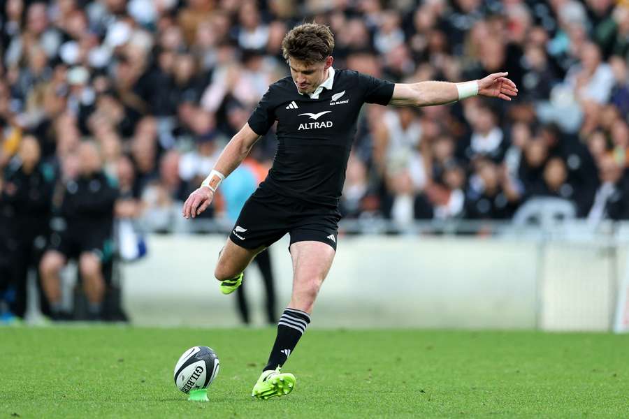 Beauden Barrett kicks for goal during New Zealand's home Rugby Championship match against Australia. Beauden Barrett kicks for goal during New Zealand's home Rugby Championship match against Australia.