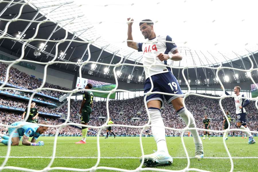 Dominic Solanke of Tottenham Hotspur celebrates his side's second goal scored by Brennan Johnson