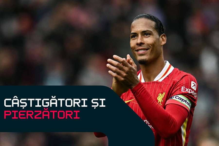 Virgil van Dijk sărbătorește titlul de campion al lui Liverpool FC.