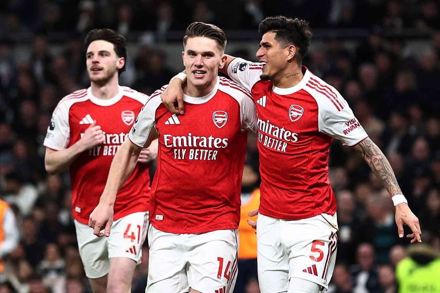 Arsenal striker Viktor Gyokeres (centre) has now scored 10 league goals this season