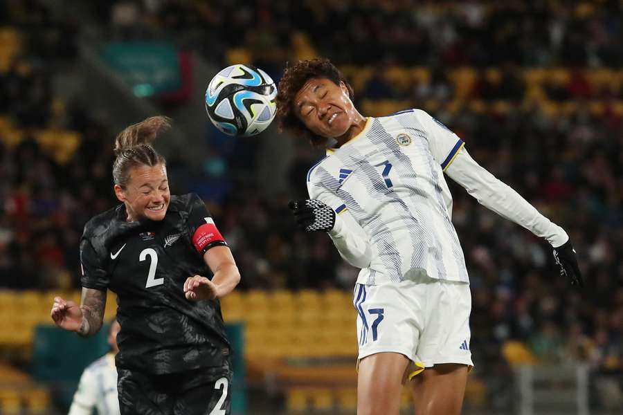 New Zealand's Ria Percival challenges for a header with Philippines' Sarina Bolden