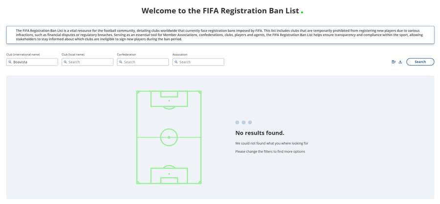 O portal da FIFA onde estão registadas as sanções