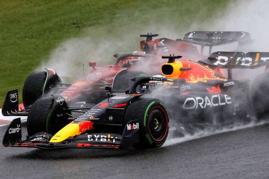Ferrari's Charles Leclerc and Red Bull's Max Verstappen after the start of the race in Japan Ferrari's Charles Leclerc and Red Bull's Max Verstappen after the start of the race in Japan