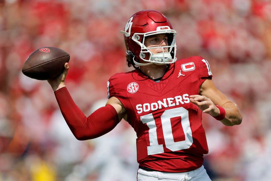 Oklahoma quarterback John Mateer throws a pass