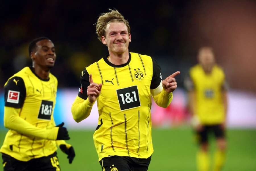 Dortmund's Julian Brandt celebrates scoring Dortmund's third goal against Freiburg 