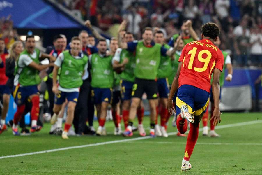 Lamine Yamal (right) celebrating his semi-final goal against France