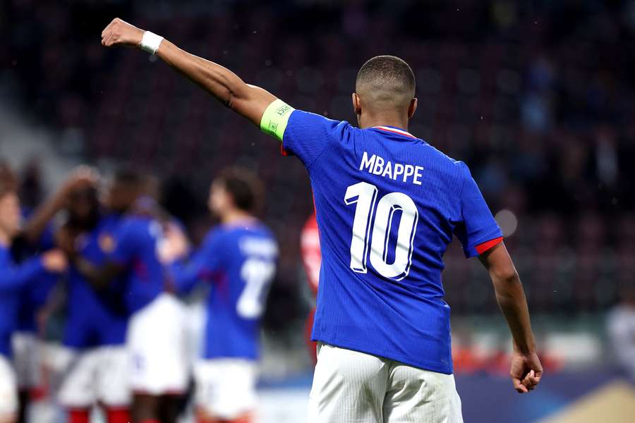 France's forward #10 Kylian Mbappe gestures during the International friendly football match between France and Luxembourg