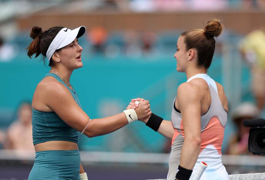 Bianca Andreescu of Canada shakes hands at the net after her three set victory against Maria Sakkari of Greece 