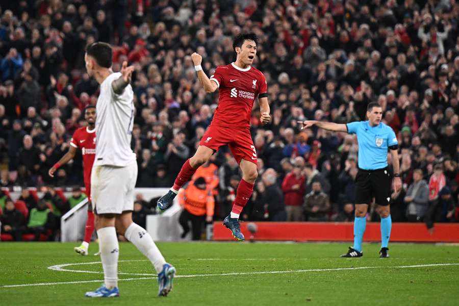 Liverpool's Japanese midfielder #03 Wataru Endo celebrates scoring the team's second goal