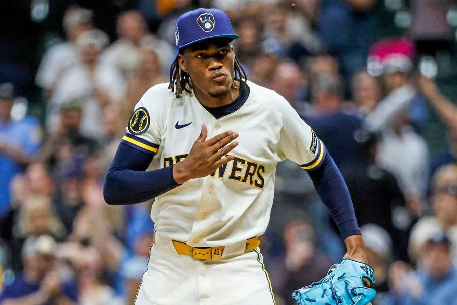 Brewers pitcher Abner Uribe celebrates after strikeout Brewers pitcher Abner Uribe celebrates after strikeout