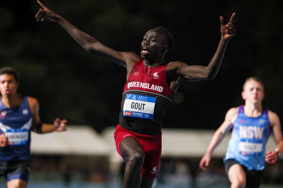Gout Gout celebrates after winning the 100m final at WA Athletics Stadium