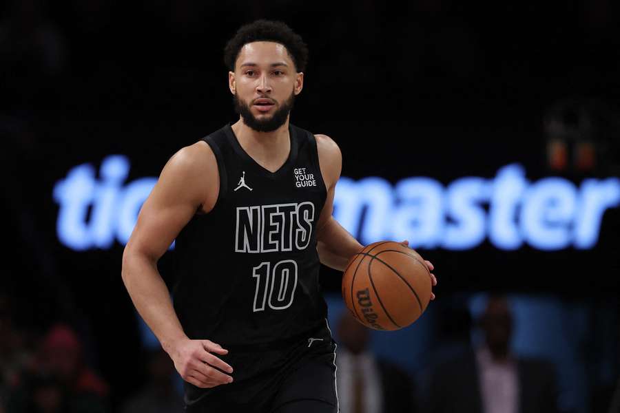 Brooklyn Nets guard Ben Simmons taking the ball up to the court against the Washington Wizards (February 2025)