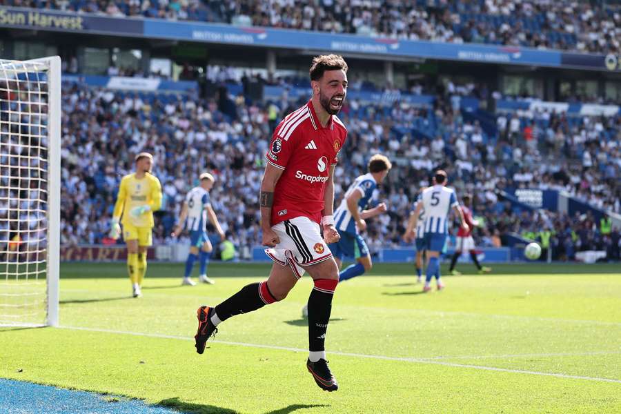 Bruno Fernandes festeja pelo Manchester United Bruno Fernandes festeja pelo Manchester United