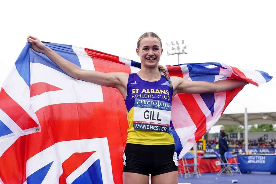 Phoebe Gill celebrates winning the women's 800m in Manchester and earning a place at the Olympics