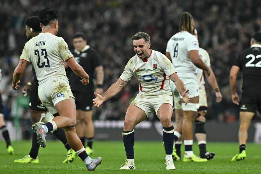 England fly-half George Ford (C) celebrates on the final whistle of the Autumn Nations Series win over New Zealand England fly-half George Ford (C) celebrates on the final whistle of the Autumn Nations Series win over New Zealand