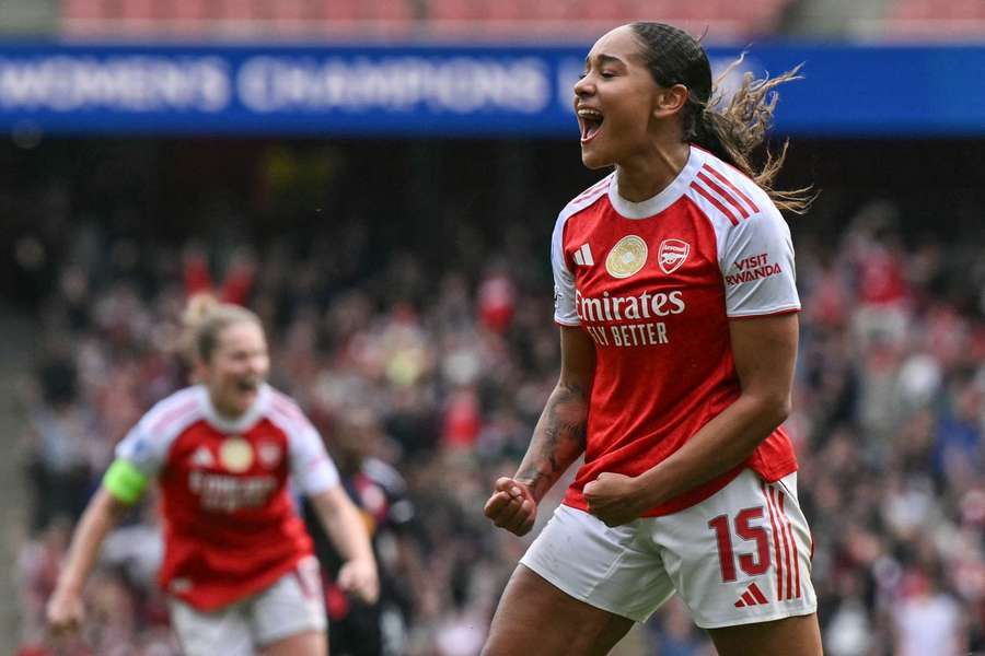 Olivia Smith celebrates after scoring Arsenal's second goal against Lyon