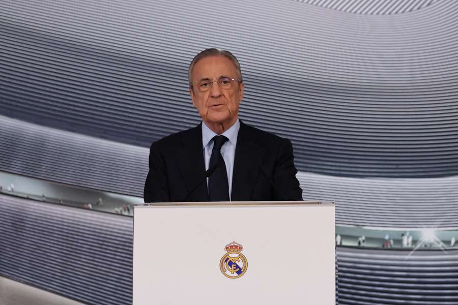 Real Madrid's President Florentino Perez talks during a press conference