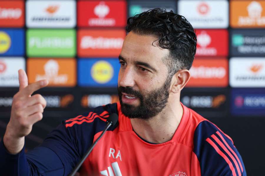 Ruben Amorim gestures during a press conference on Wednesday