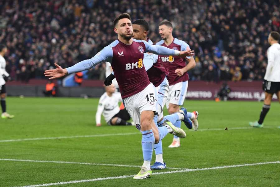 Alex Moreno celebrates after giving Aston Villa the lead in the 59th minute