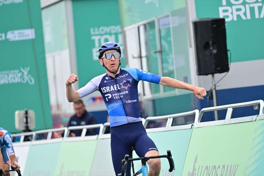 Stephen Williams celebrates winning stage two of the Tour of Britain