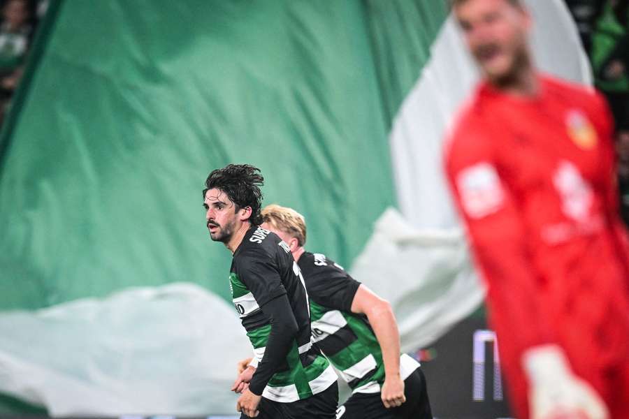 Sporting's Portuguese forward #17 Francisco Trincao celebrates after scoring