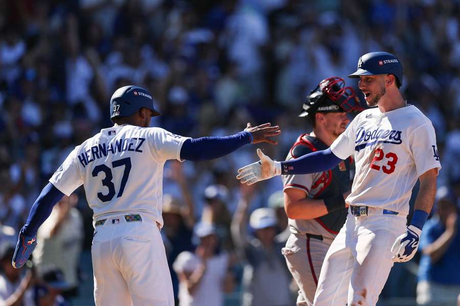Dodgers' Teoscar Hernandez (left) and celebrates home run with Kyle Tucker (right) in Game 1 of 2026 NLDS Dodgers' Teoscar Hernandez (left) and celebrates home run with Kyle Tucker (right) in Game 1 of 2026 NLDS