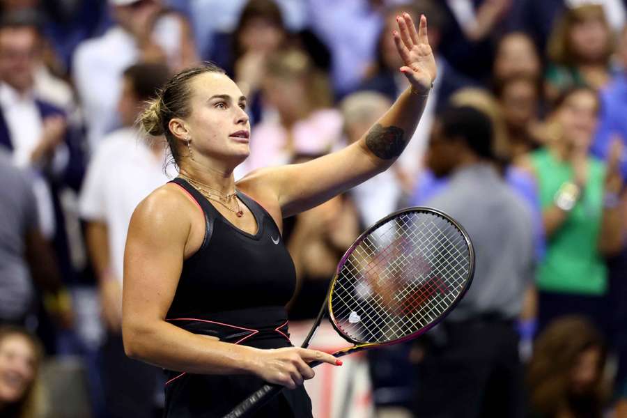 Aryna Sabalenka celebrates winning her semi-final against Jessica Pegula