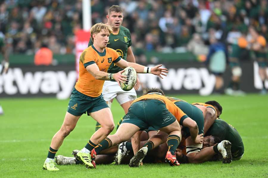 Tate McDermott kicking the ball against South Africa last year. 
