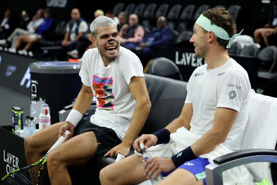 Carlos Alcaraz talks to Casper Ruud ahead of the opening match of the Laver Cup