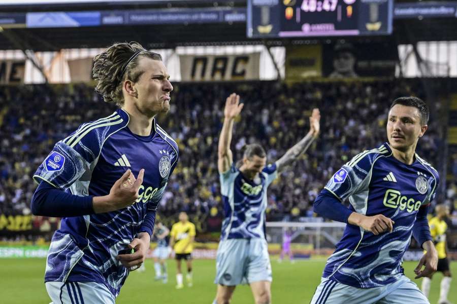 Ajax's Mika Godts (L) celebrates scoring the 2-0 against NAC Breda