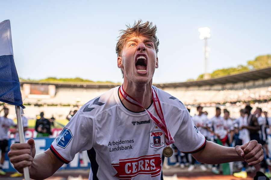 Thomas Kristensen celebrating finishing third with AGF in 2023 Thomas Kristensen celebrating finishing third with AGF in 2023