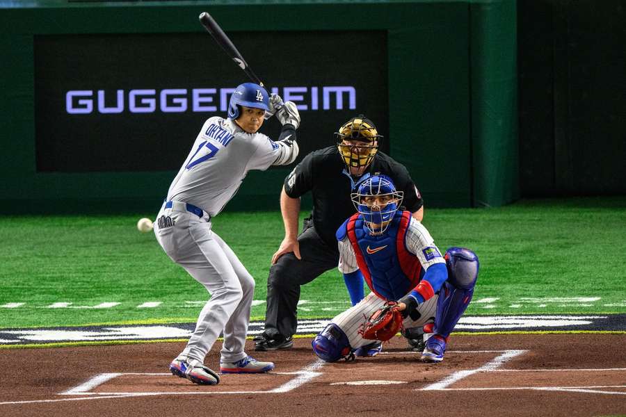 LA Dodgers' Shohei Ohtani stands in the batter's box in Tokyo