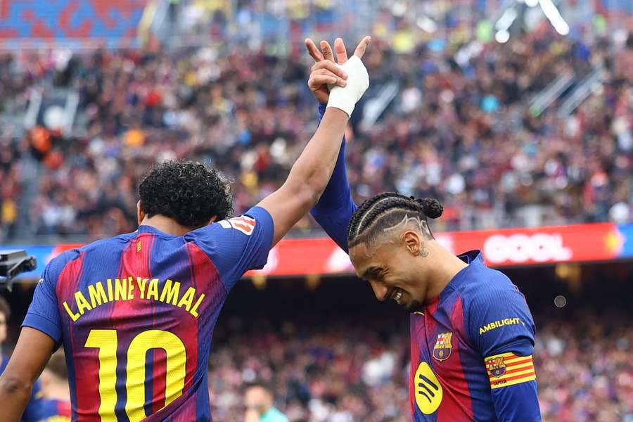 Barcelona's Lamine Yamal celebrates scoring with Raphinha Barcelona's Lamine Yamal celebrates scoring with Raphinha