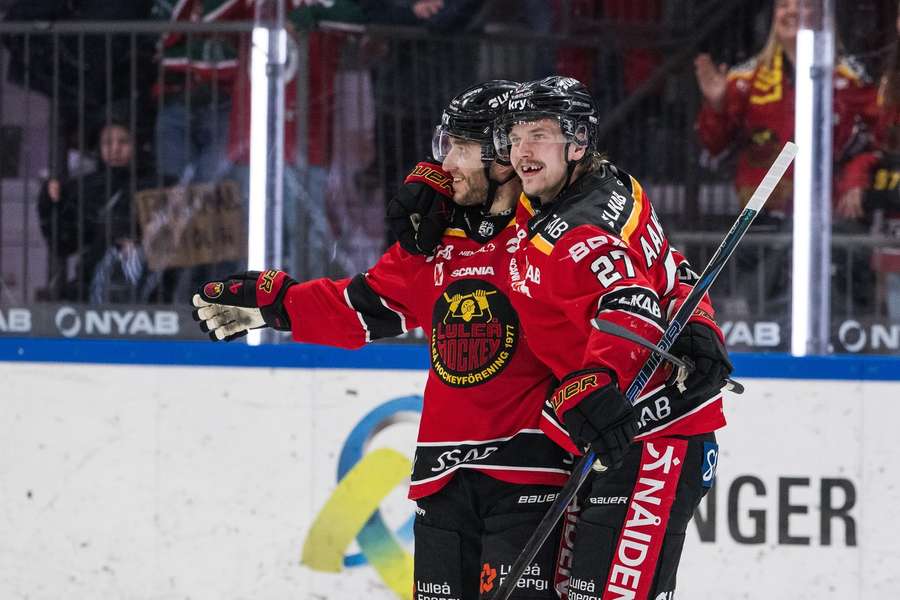 Lulea's Anton Levtchi and Oskari Laaksonen celebrate the only goal