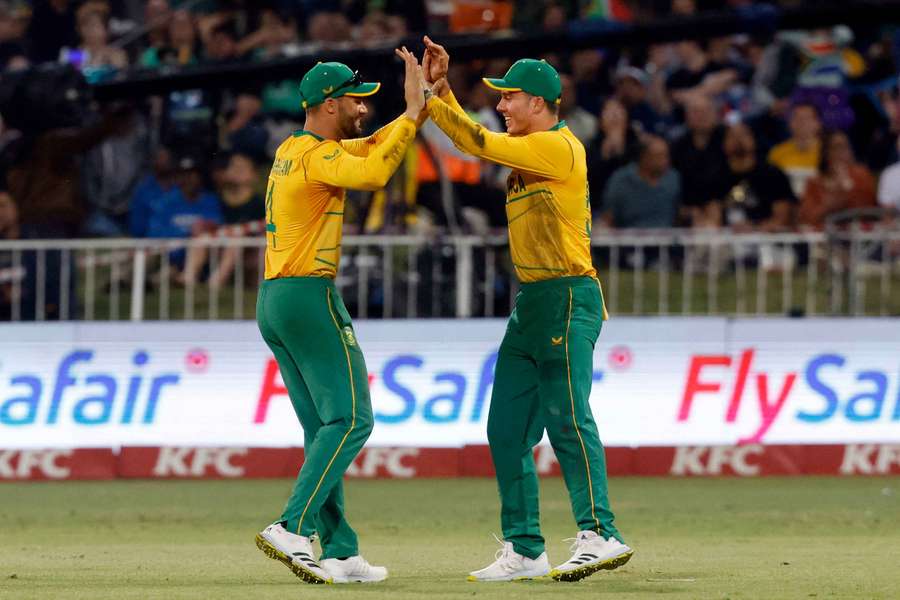 South Africa T20 captain Markram (L) celebrates with Brevis