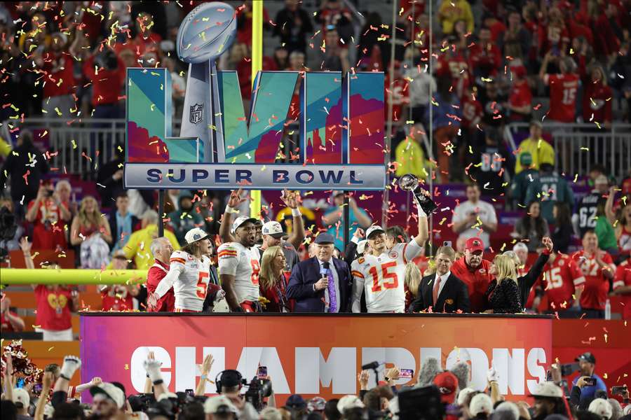 Patrick Mahomes of the Kansas City Chiefs celebrates with the Vince Lombardi Trophy