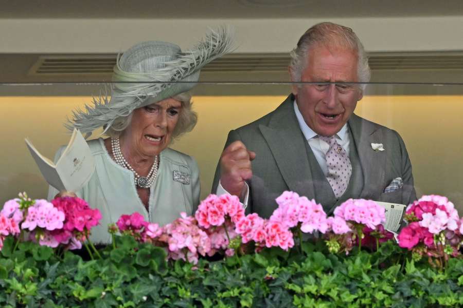 King Charles III and Queen Camilla cheer on their horse, Desert Hero, to victory in the King George V Handicap