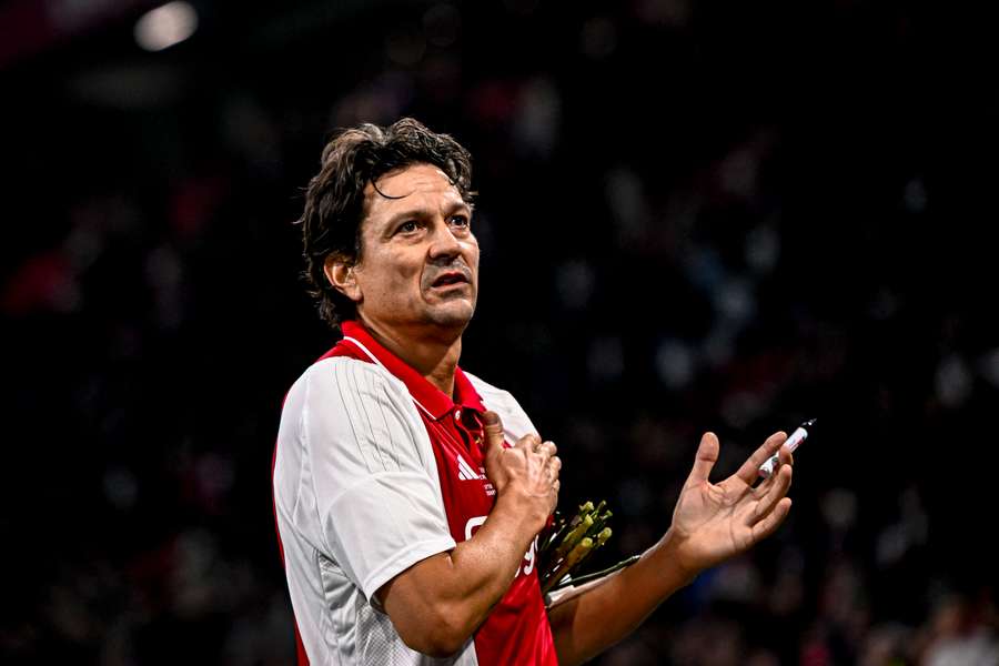 Jari Litmanen thanks the Ajax fans after playing for the club's Legends team against Real Madrid Legends