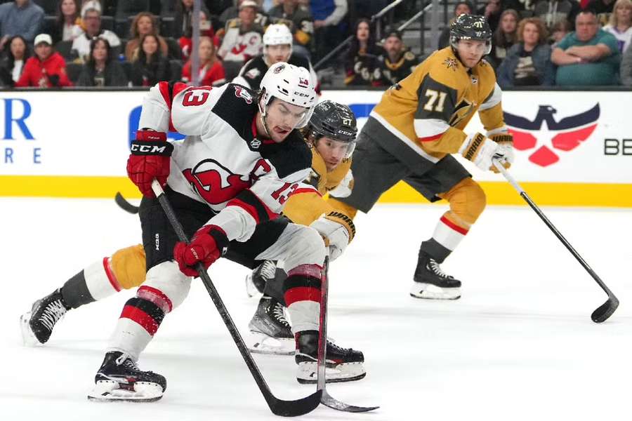 New Jersey centre Hischier skates against Vegas defenceman Theodore