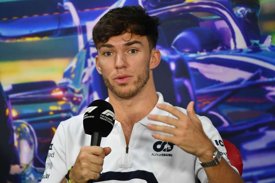 AlphaTauri's French driver Pierre Gasly speaks during a press conference in Sao Paulo