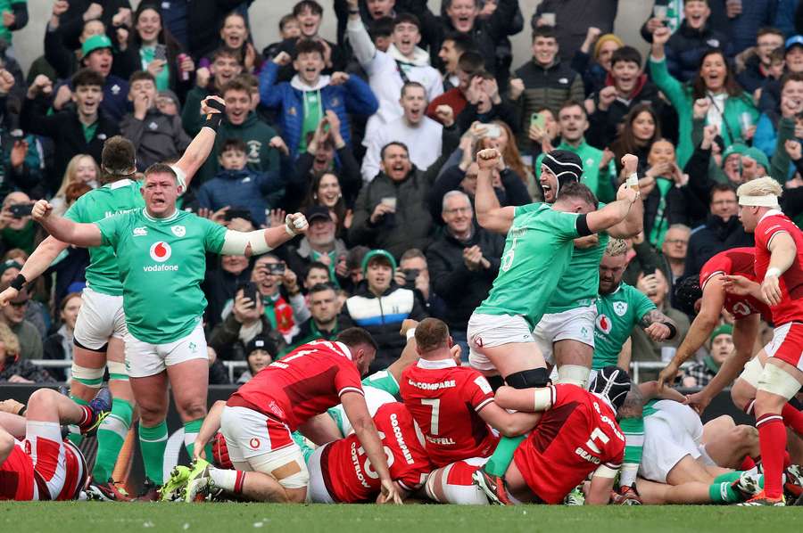 Ireland celebrating a try against Wales