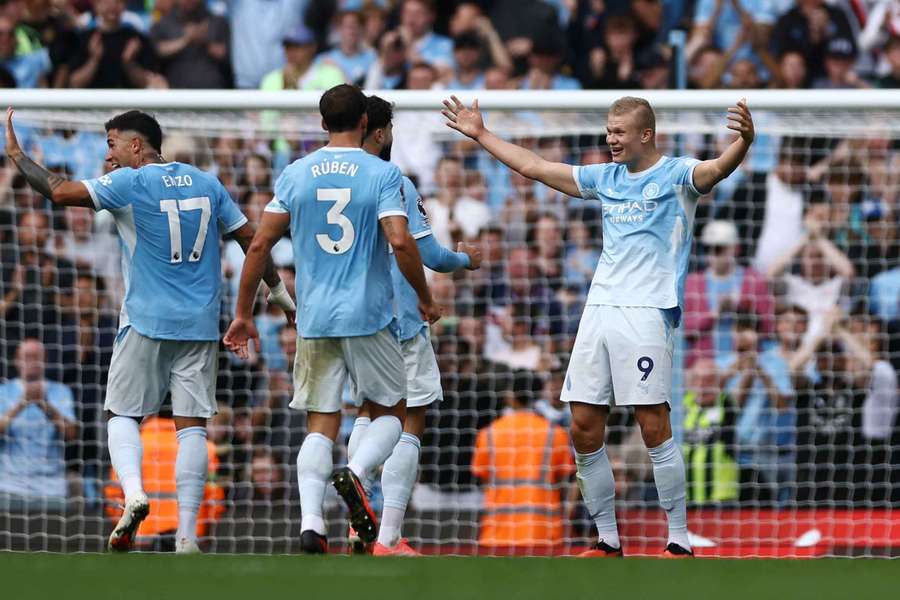 Erling Haaland celebrates scoring Man City's fifth goal with teammates Erling Haaland celebrates scoring Man City's fifth goal with teammates