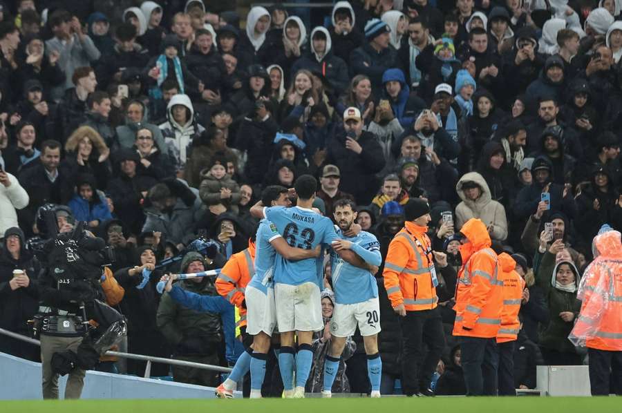Manchester City celebrate their second goal Manchester City celebrate their second goal