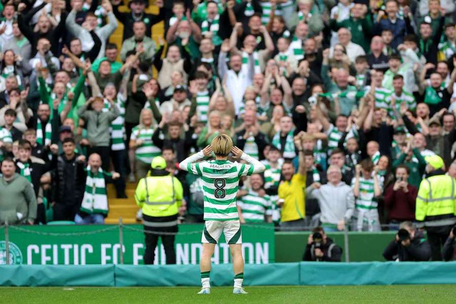 Kyogo Furuhashi celebrates during the match at Celtic Park