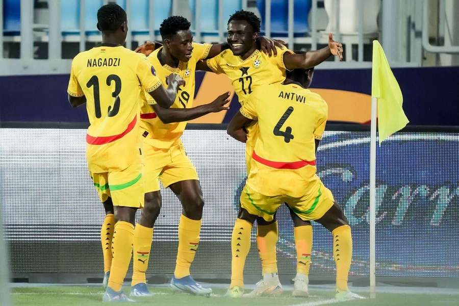 Ghaha U20s celebrate their goal against Central African Republic U20s