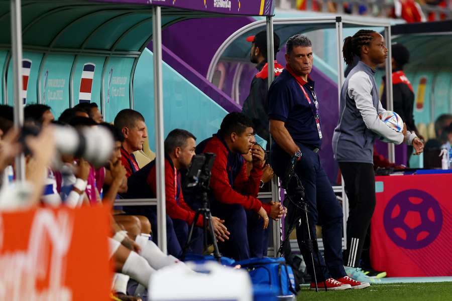 Costa Rica's Luis Fernando Suarez cuts a solemn figure on the sidelines as his side were thrashed by Spain